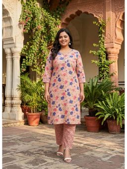 DECKEDUP - Pink Cotton Printed Casual Straight Kurta Set