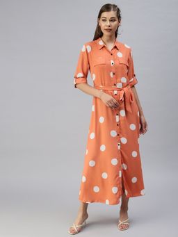 SHOWOFF - Women Polka Dots Orange Fit and Flare Dress