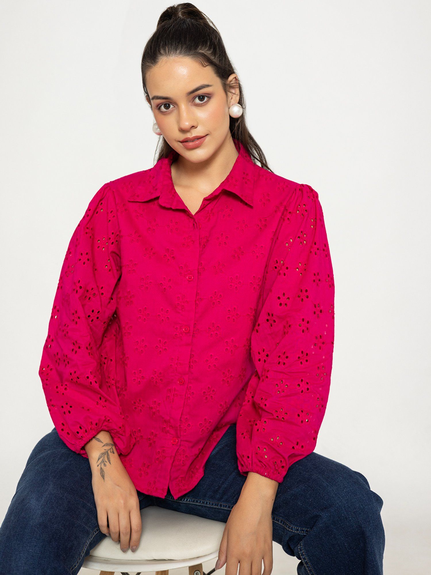 lounge dreams Pink Schiffli Pure Cotton Shirt-picture-22