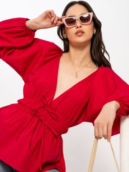 Lounge Dreams - Women Poplin Cotton V-Neck Top Pink