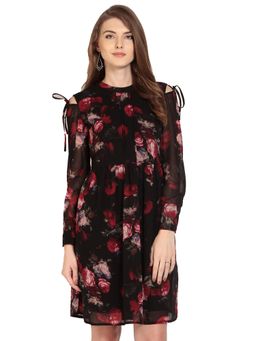 RARE - Black Floral Printed Fit And Flare Dress