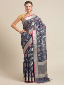 Banarasi Silk Works - Masrise Cotton Woven Saree Navy Blue with Unstitched Blouse