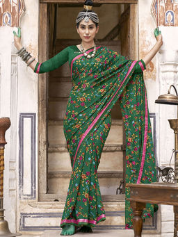 Odette - Green Georgette Floral Printed Saree with Unstitched Blouse
