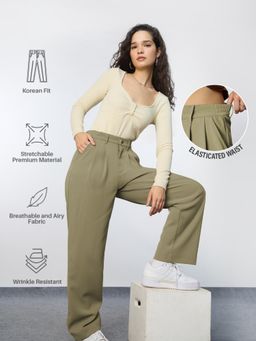 The Souled Store - Olive Solid Loose Fit Trouser