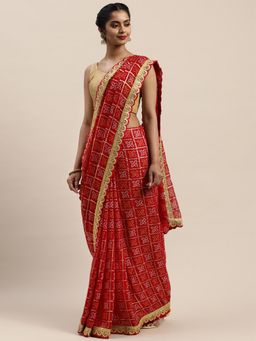 Vastranand - Maroon & Beige Printed Bandhani Saree with Unstitched Blouse