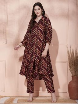 FASHOR - Chevron Printed Kurta With Pant - Deep Brown (Set of 2)