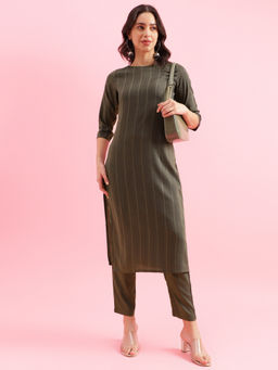 Shaily - Women Green Silk Blend Sequined Striped Kurta with Pant (Set of 2)