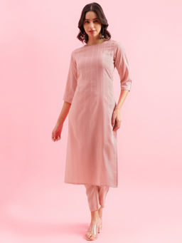 Shaily - Women Pink Silk Blend Sequined Striped Kurta with Pant (Set of 2)