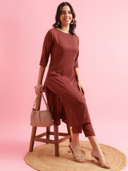 Shaily - Women Maroon Silk Blend Sequined Striped Kurta with Pant (Set of 2)