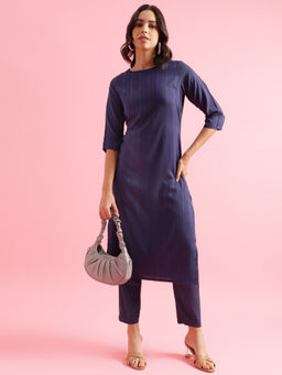 Shaily - Women Navy Blue Silk Blend Sequined Striped Kurta with Pant (Set of 2)