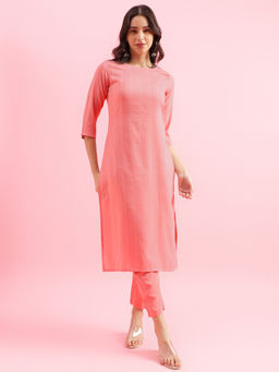 Shaily - Women Peach Silk Blend Sequined Striped Kurta with Pant (Set of 2)