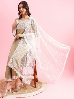 Shaily - Gold Silk Blend Embroidered Kurta Pant with Net Dupatta (Set of 3)