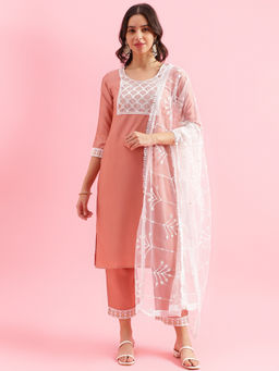 Shaily - Coral Silk Blend Embroidered Kurta Pant with Net Dupatta (Set of 3)