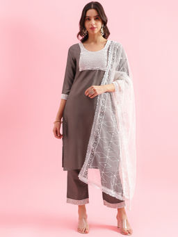 Shaily - Grey Silk Blend Embroidered Kurta Pant with Net Dupatta (Set of 3)
