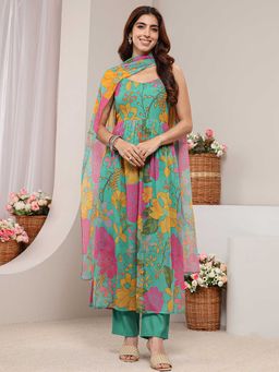 Libas - Women Teal Floral Printed Kurta with Pant and Dupatta