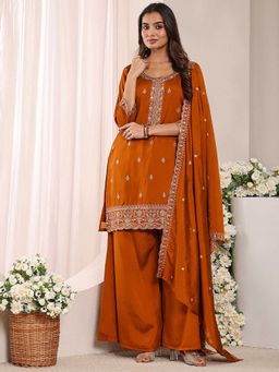 Libas - Women Rust Floral Embroidered Kurta with Palazzo and Dupatta
