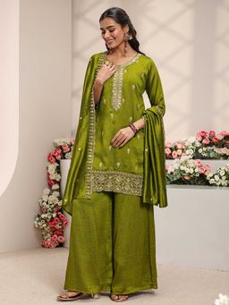 Libas - Women Olive Floral Embroidered Kurta with Palazzo and Dupatta
