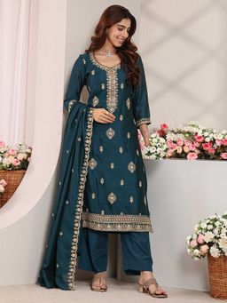 Libas - Women Teal Embroidered Zari Kurta with Pant and Dupatta