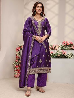 Libas - Women Purple Embroidered Zari Kurta with Pant and Dupatta