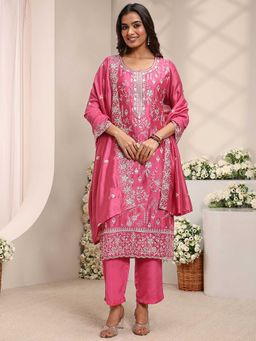 Libas - Women Pink Floral Embroidered Kurta with Pant and Dupatta