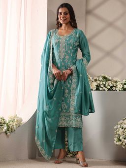 Libas - Women Blue Floral Embroidered Kurta with Pant and Dupatta
