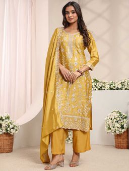 Libas - Women Mustard Floral Embroidered Kurta with Pant and Dupatta