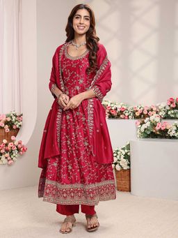 Libas - Women Red Floral Sequined Anarkali Kurta with Pant and Dupatta