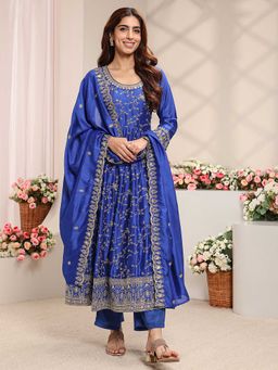 Libas - Women Blue Floral Sequined Anarkali Kurta with Pant and Dupatta