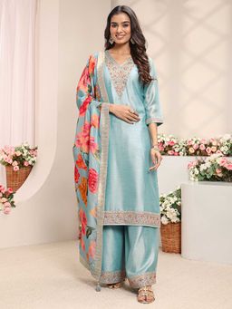 Libas - Women Blue Floral Embroidered Kurta with Palazzo and Dupatta
