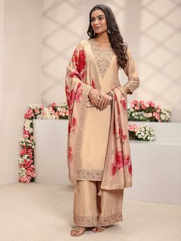 Libas - Women Beige Floral Embroidered Kurta with Palazzo and Dupatta