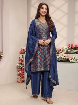 Libas Art - Women Navy Blue Woven Embroidered Kurta with Palazzo and Dupatta