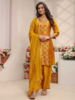 Libas Art - Women Mustard Woven Embroidered Kurta with Palazzo and Dupatta
