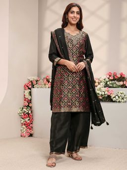 Libas Art - Women Black Woven Embroidered Kurta with Palazzo and Dupatta