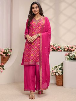 Libas Art - Women Pink Woven Embroidered Kurta with Palazzo and Dupatta