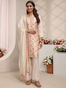 Libas Art - Women Off White Woven Embroidered Kurta with Palazzo and Dupatta