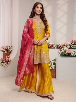 Libas Art - Women Mustard Embroidered Sequined Kurta with Palazzo and Dupatta