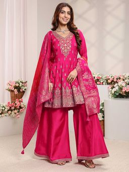 Libas Art - Women Pink Embroidered Sequined Kurta with Palazzo and Dupatta