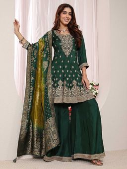 Libas Art - Women Green Embroidered Sequined Kurta with Palazzo and Dupatta