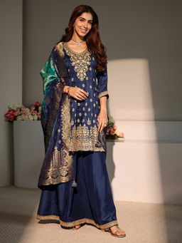 Libas Art - Women Navy Blue Embroidered Sequined Kurta with Palazzo and Dupatta