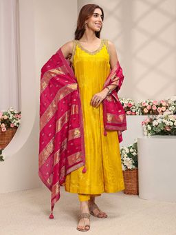 Libas Art - Women Mustard Floral Sequined Anarkali Kurta with Pant and Dupatta