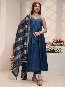 Libas Art - Women Navy Blue Floral Sequined Anarkali Kurta with Pant and Dupatta