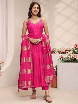 Libas Art - Women Pink Floral Sequined Anarkali Kurta with Pant and Dupatta