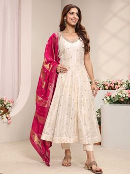 Libas Art - Women Cream Floral Sequined Anarkali Kurta with Pant and Dupatta
