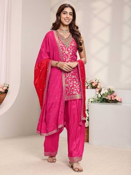 Libas - Women Pink Floral Sequined Kurta with Salwar and Dupatta