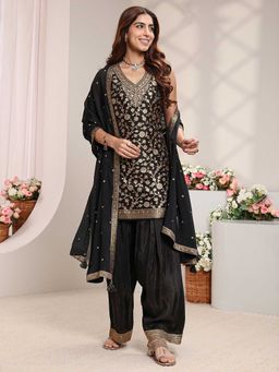 Libas - Women Black Floral Sequined Kurta with Salwar and Dupatta