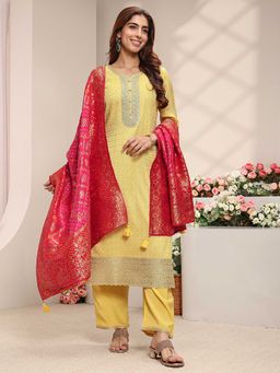 Libas - Women Yellow Embroidered Sequined Kurta with Pant and Dupatta