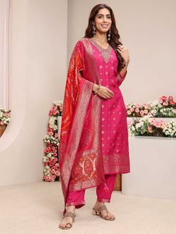 Libas - Women Pink Woven Embroidered Kurta with Pant and Dupatta