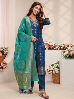 Libas - Women Navy Blue Woven Embroidered Kurta with Pant and Dupatta