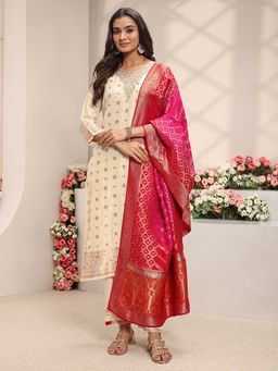 Libas - Women Cream Floral Woven Kurta with Pant and Dupatta