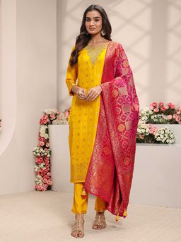Libas - Women Mustard Floral Woven Kurta with Pant and Dupatta